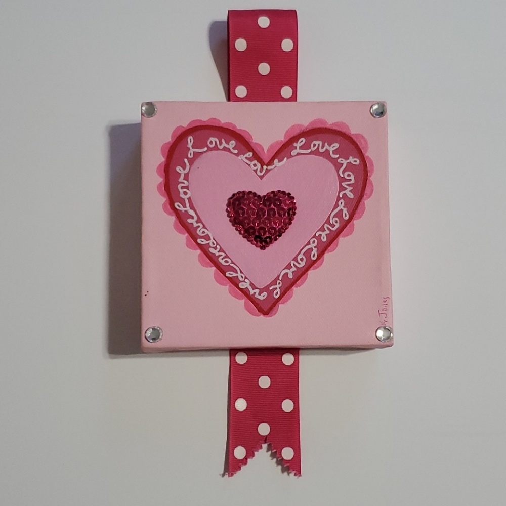 Signed Artwork - 5"x5" Heart Canvas with Sequins